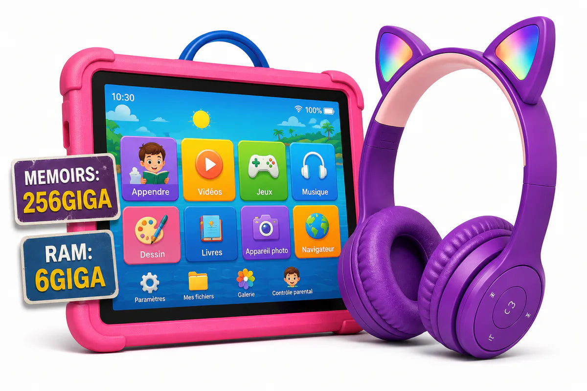 Tablette Enfant 256Go + Casque Bluetooth - Éducation & Divertissement