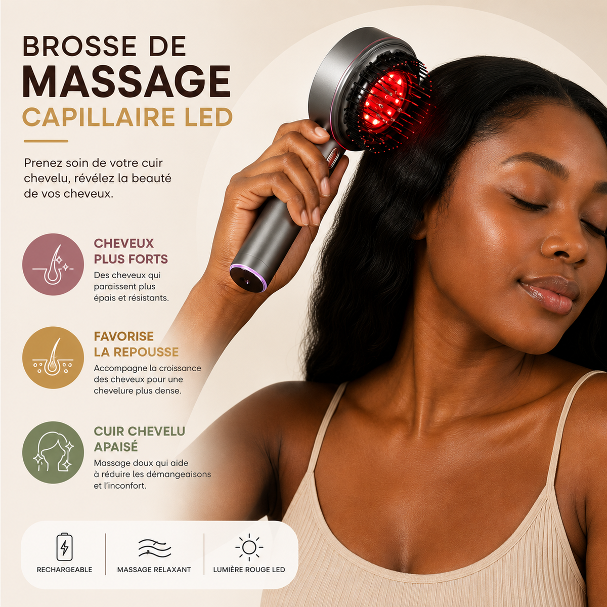 Brosse de Massage Capillaire LED
Des cheveux plus forts, plus denses, naturellement.